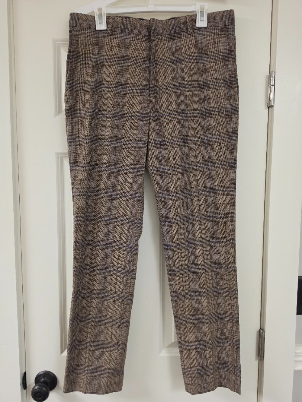 H&M Brown/Beige Plaid Slim Fit Suit Pants/Trousers, zip fly with button closure